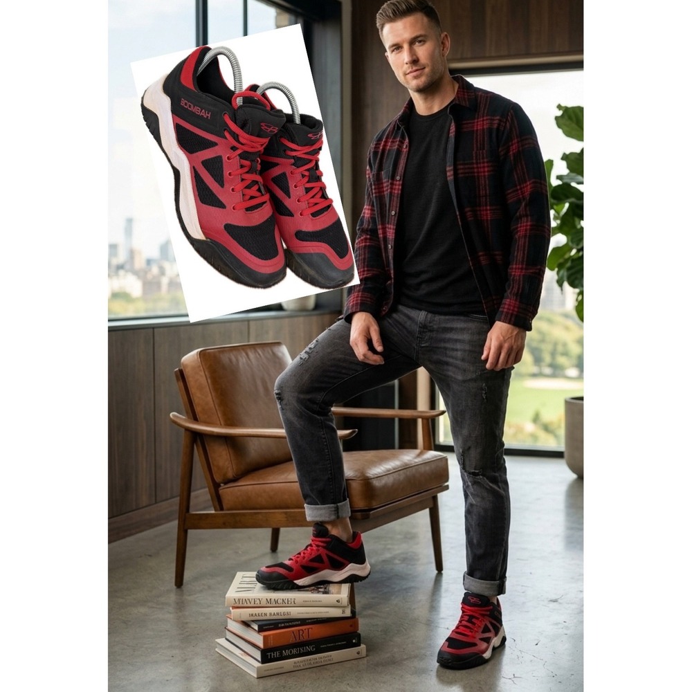 Boombah Mens Turf Shoes Red Black Athletic Sneakers MBB-1202201-3001 Size 8.5